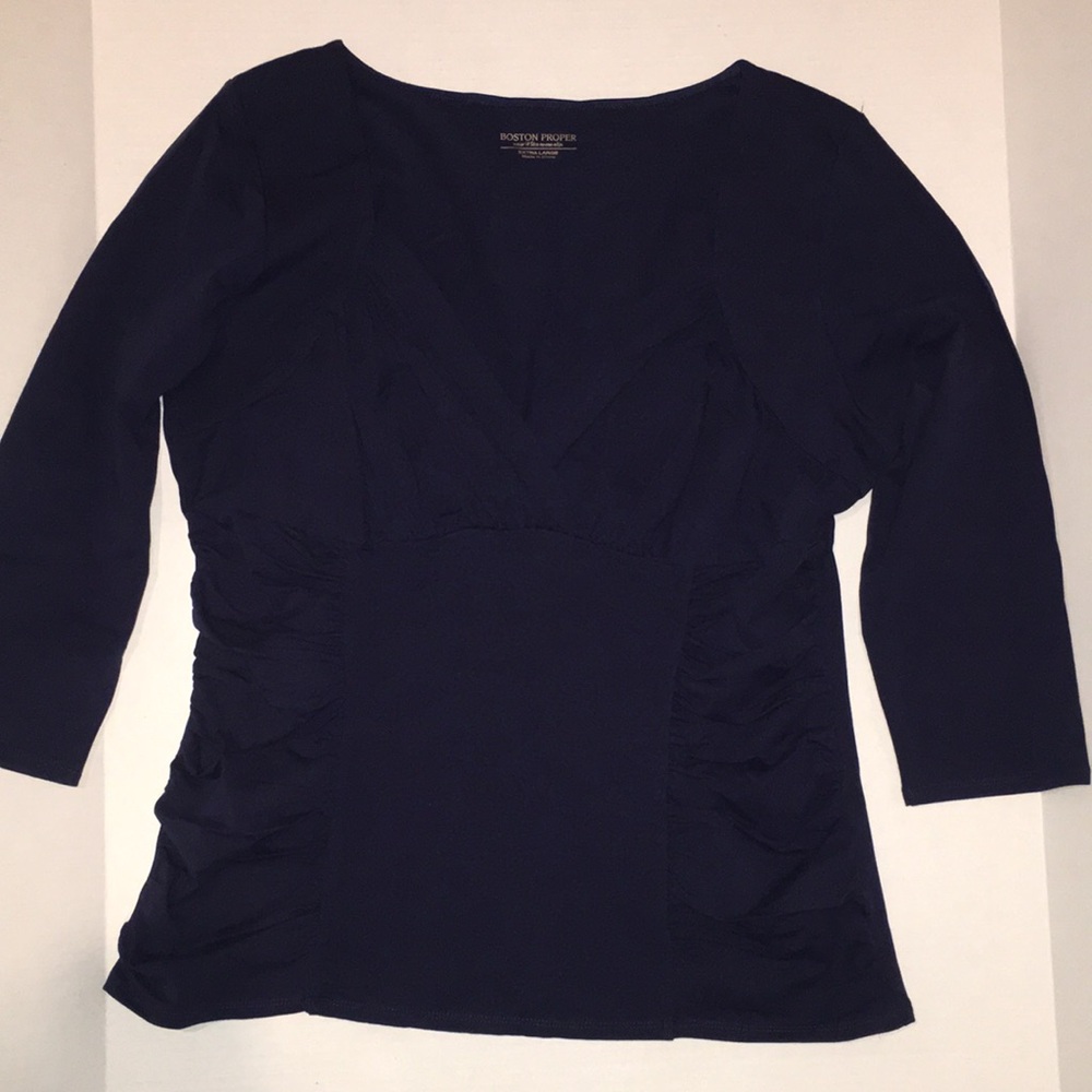 Boston Proper Navy Blue Ruched V-Neck 3/4 Sleeve Top – Size XL